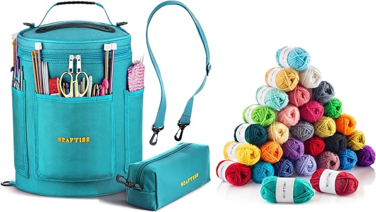 CRAFTISS Bundle: Yarn Storage Bag Organizer with 30 Mini Yarn Skeins for Crochet & Knitting